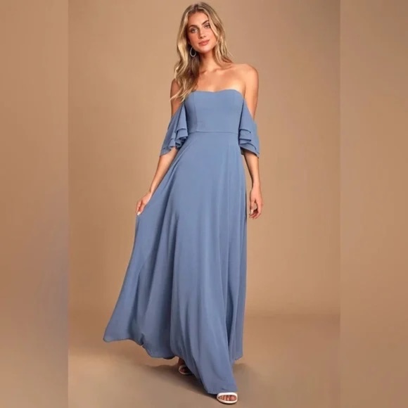 LULUS | Abbington Denim Blue Off-the-Shoulder Maxi Dress in Size Small - Picture 2 of 8